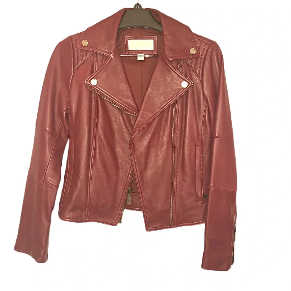 Michael Kors Burgundy Asymmetrical Leather Jacket - Picture 1 of 4